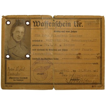 Licencia para arma de fuego expedida a mujer en tercera Reich. Espenlaub militaria